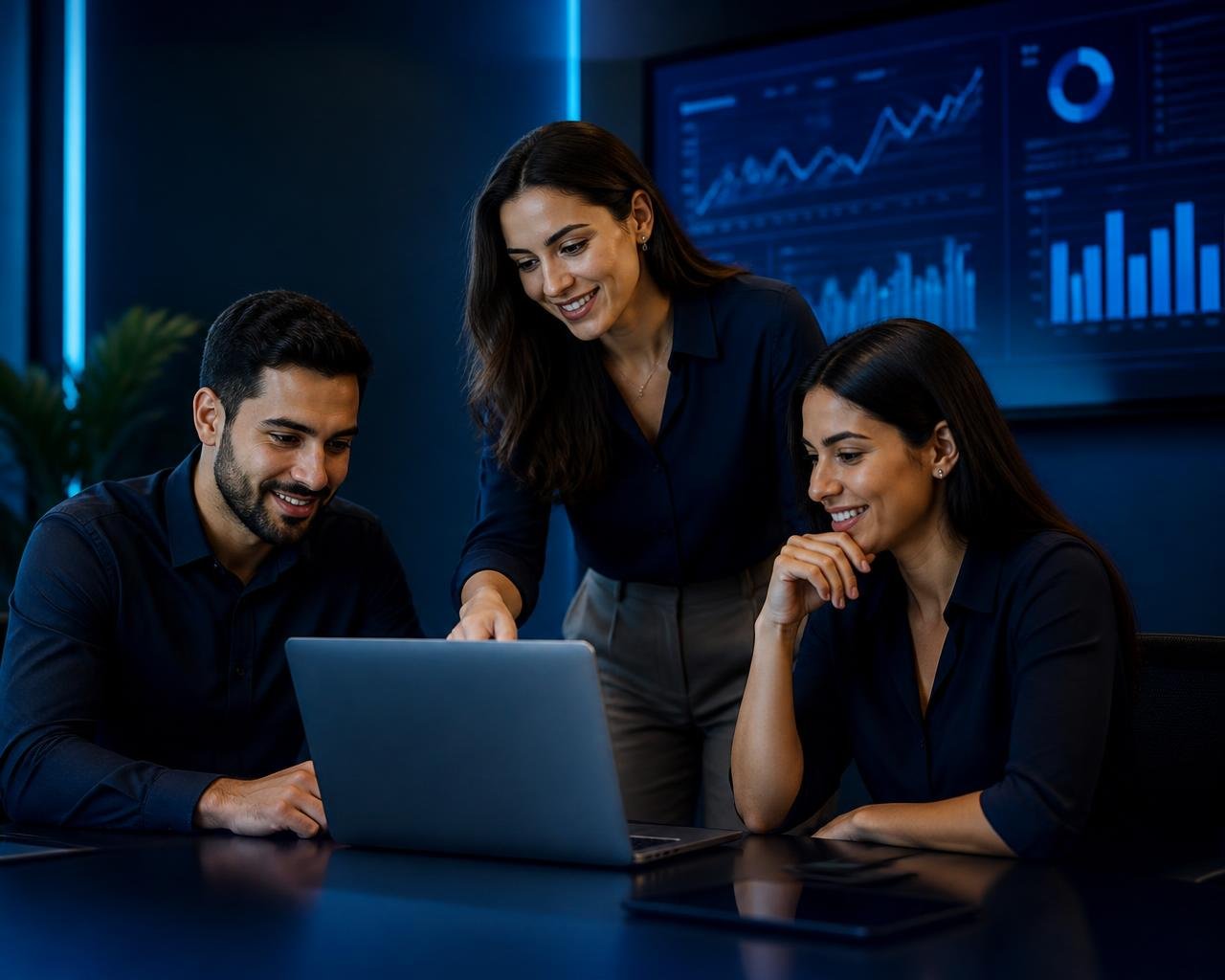 Equipe analisando presença digital, geração de demanda e conversão de uma empresa de serviços